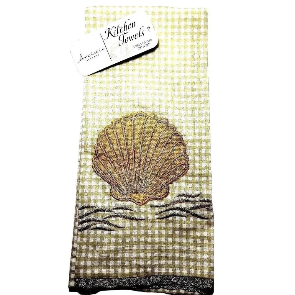 Artistic Accents Nautical Sea Shell Gold Lace Kitchen Towel Beach Cotton Tan NWT